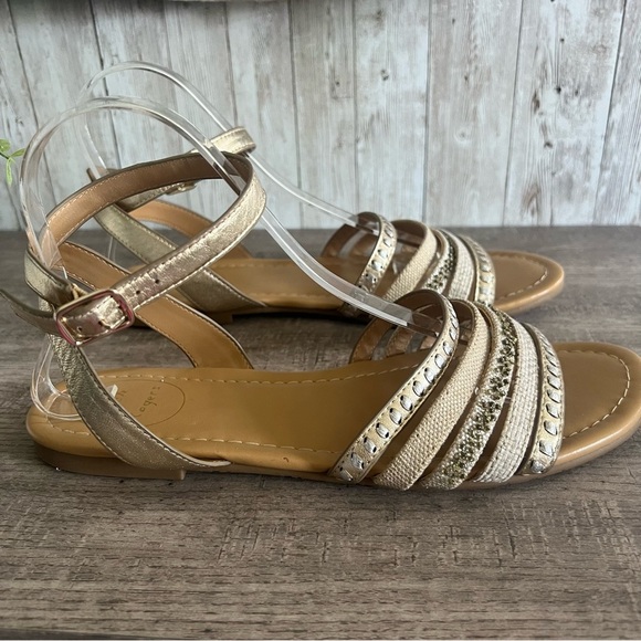 Jack Rogers Gold Raffia Strappy Woven Beaded Sandals 9 - Picture 2 of 5